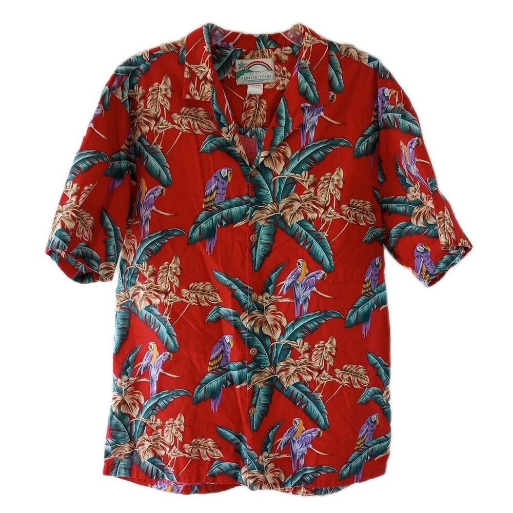 Vtg Paradise Found Hawaiian Shirt XL Red Purple Parrots Birds Cotton Magnum P I